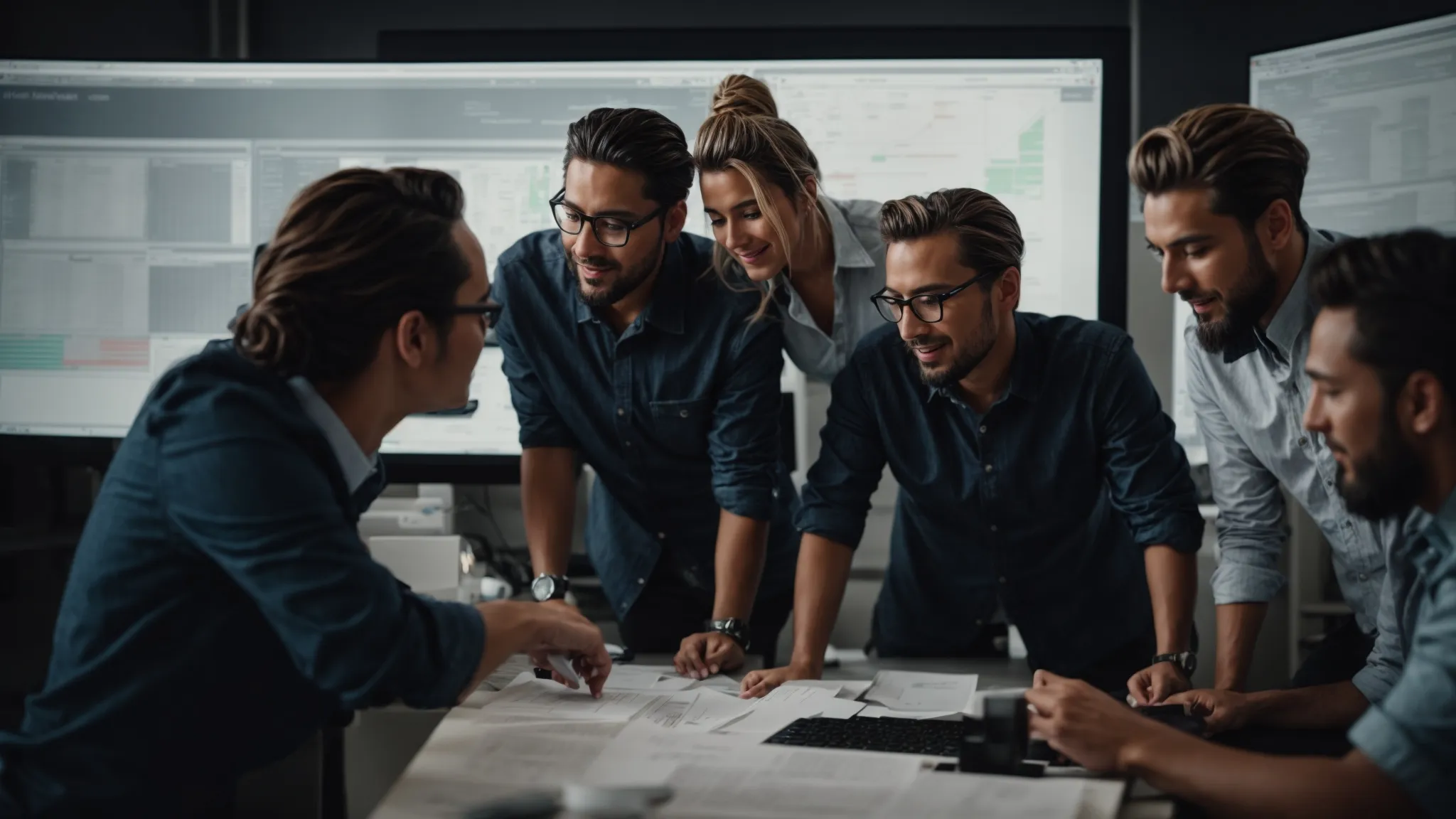 a group of professionals excitedly discussing around a computer screen displaying complex data flow charts.